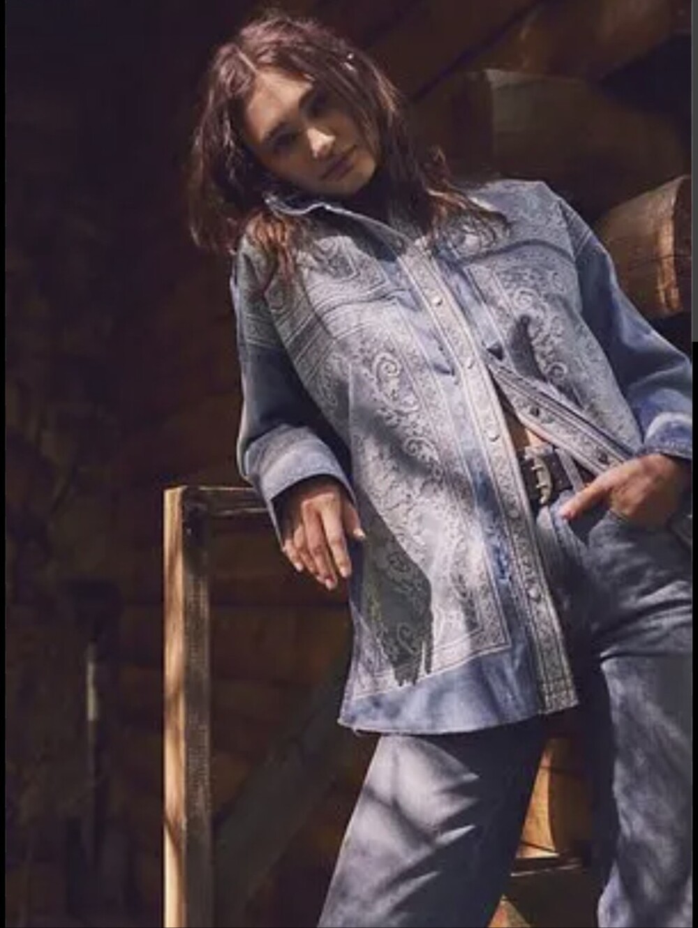 We The Free Lace Embroidered Denim Shirt